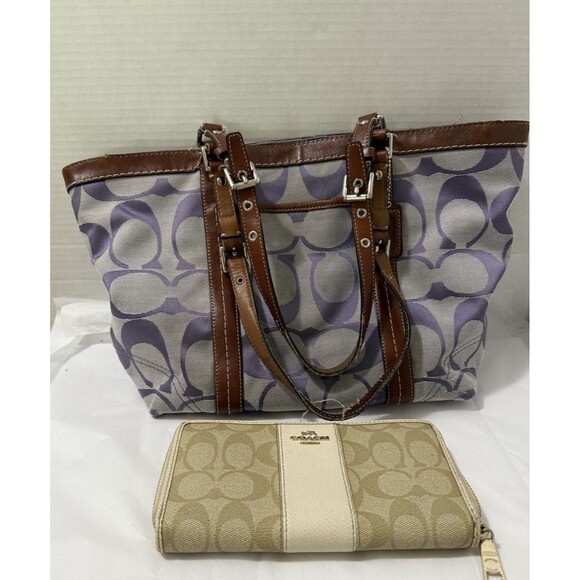 Vintage Coach Purple Signature Logo Jacquard Tote Beige White Wallet Project - Picture 1 of 16